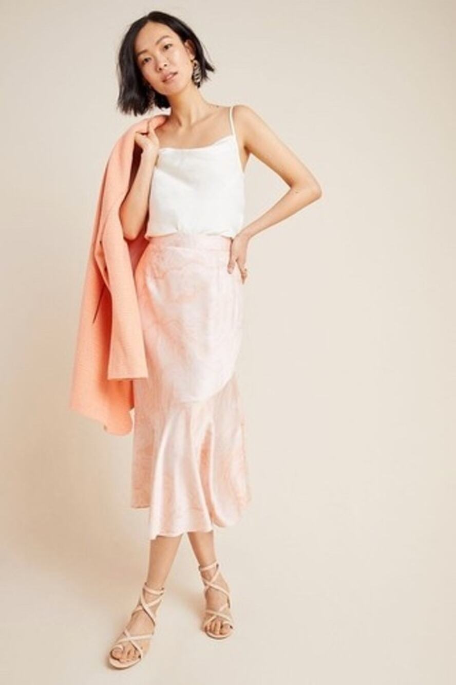 Anthropologie Hutch Paulette Marble Dyed Satin Midi Skirt Size 16 Pink Ruffled